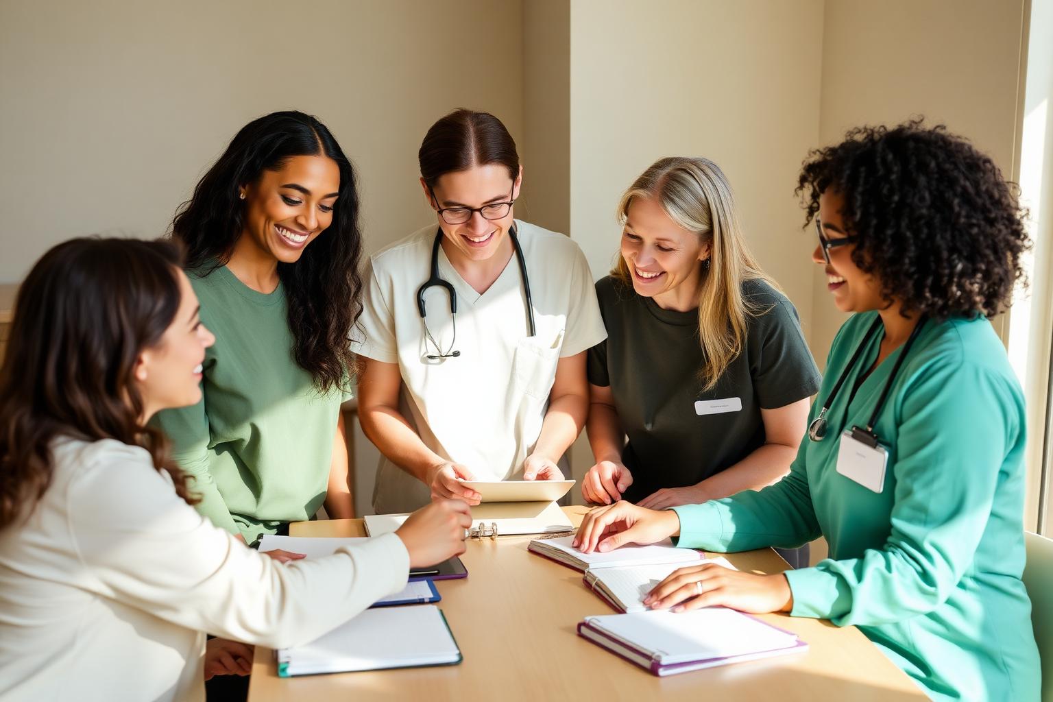 A small team of caregivers collaborating around a sunlit table